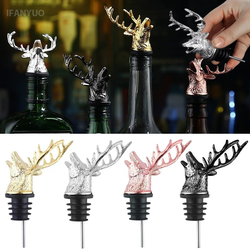 Wine Beer Spirits - 亜鉛合金製鹿の頭型ワインポアラー ボトルスパウトストッパー 3D鹿デザイン 防漏バーツール ウイスキー・リキュール用ギフト パーティーデコレーション
