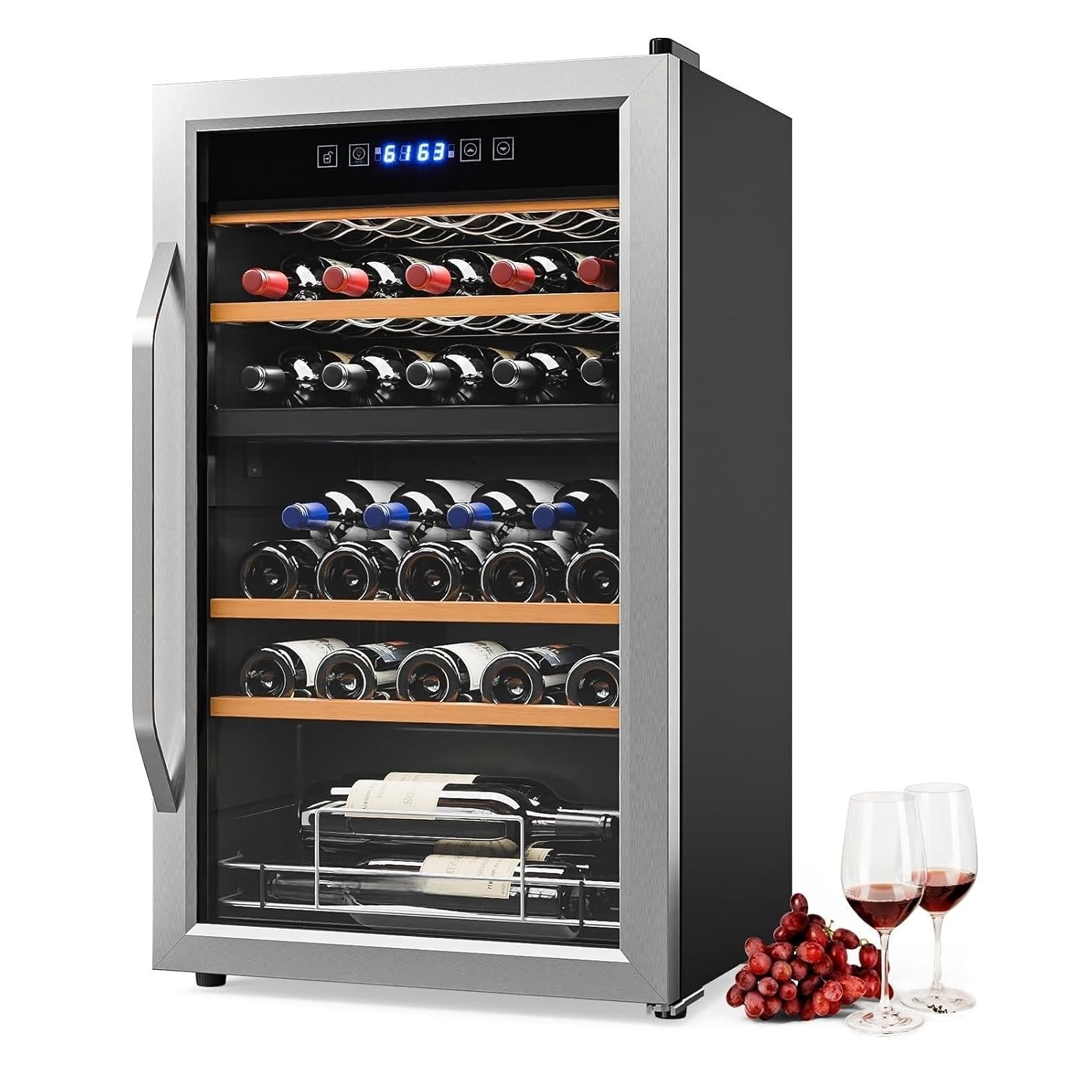 Wine Beer Dual Zone - 33本収納デュアルゾーンワインクーラー、41-64 ° デジタル制御とガラス扉を備えたワイン・ビール用自立型チラー、カスタマイズ可能